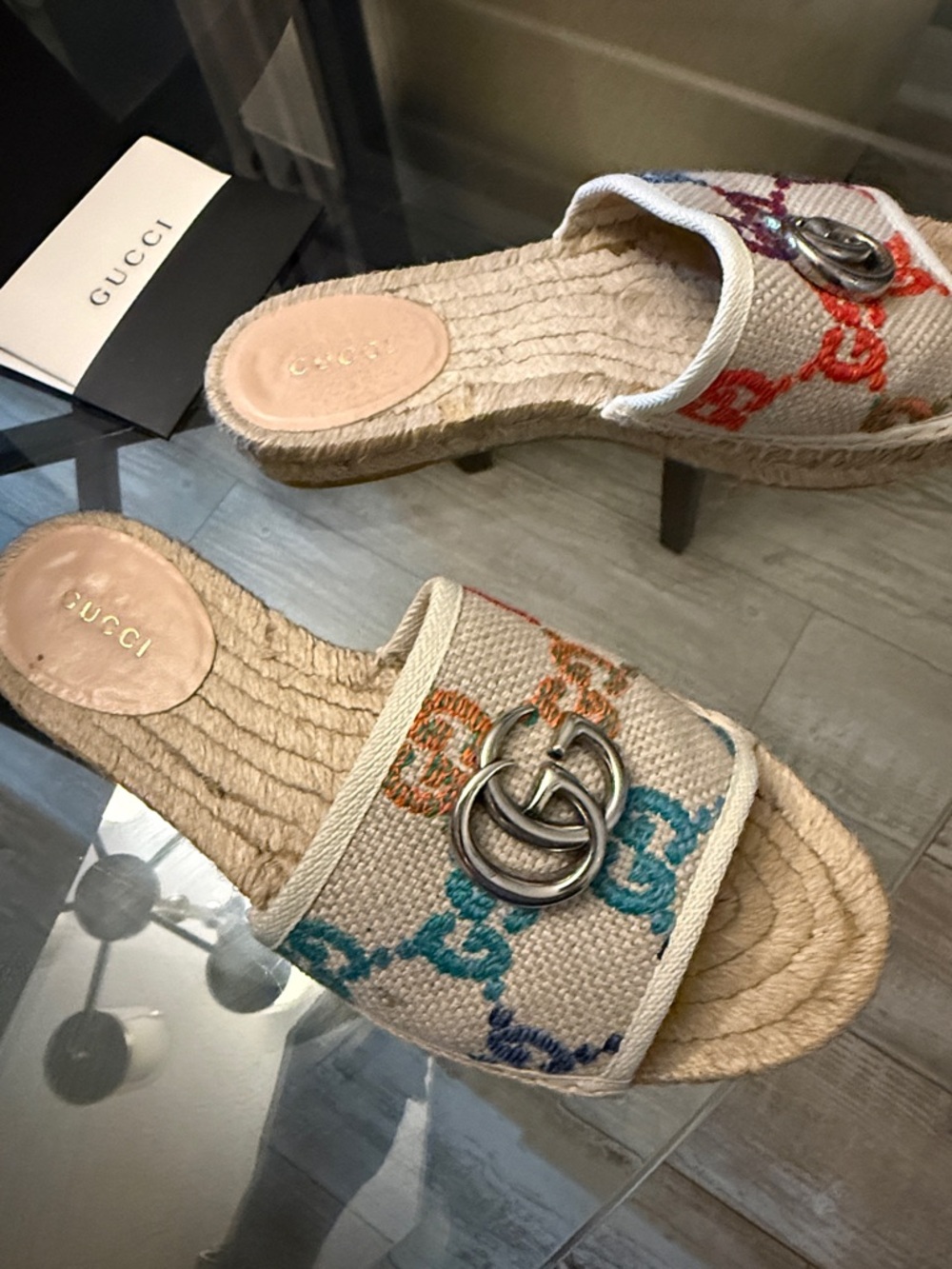 Gucci Multicolor GG Canvas Espadrille Slide Sandals with Silver Double G - Picture 3 of 4